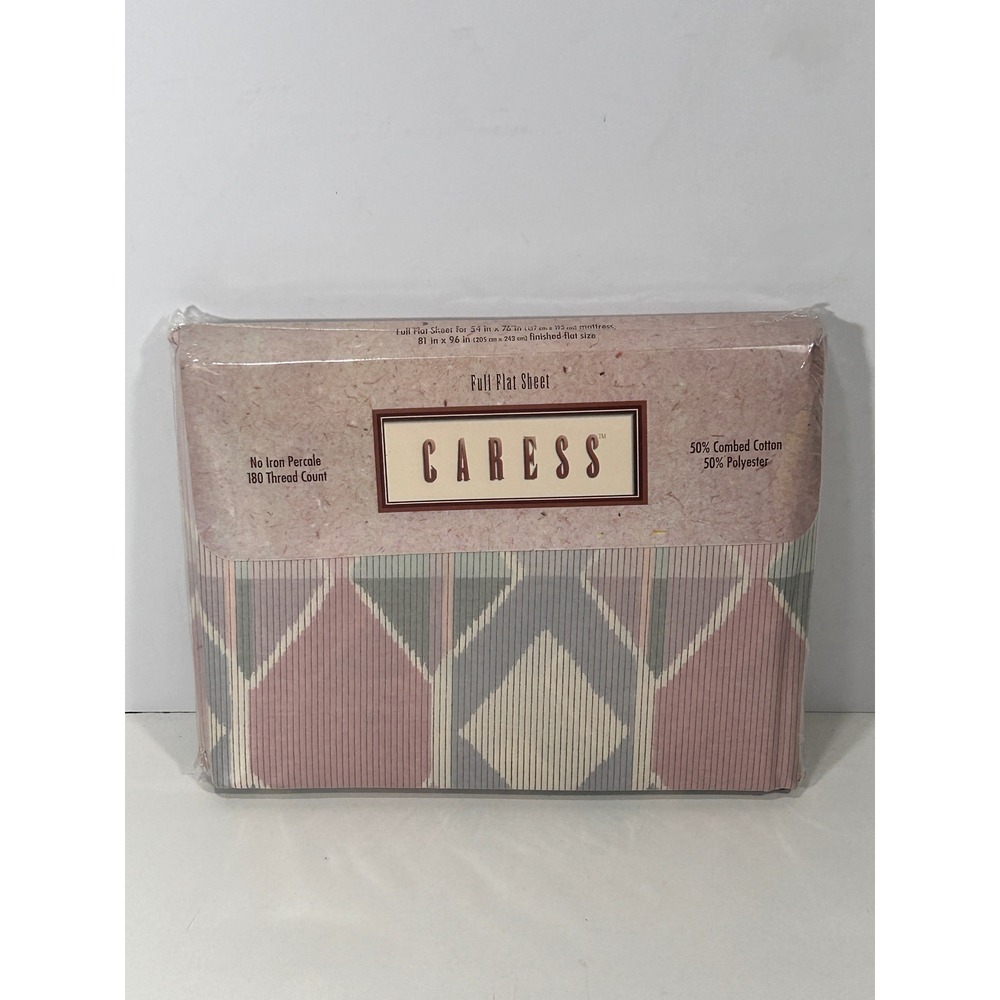 Vintage Caress Full Flat Sheet Geo Pastel Pink Grey 180 TC Percale Mervyns USA